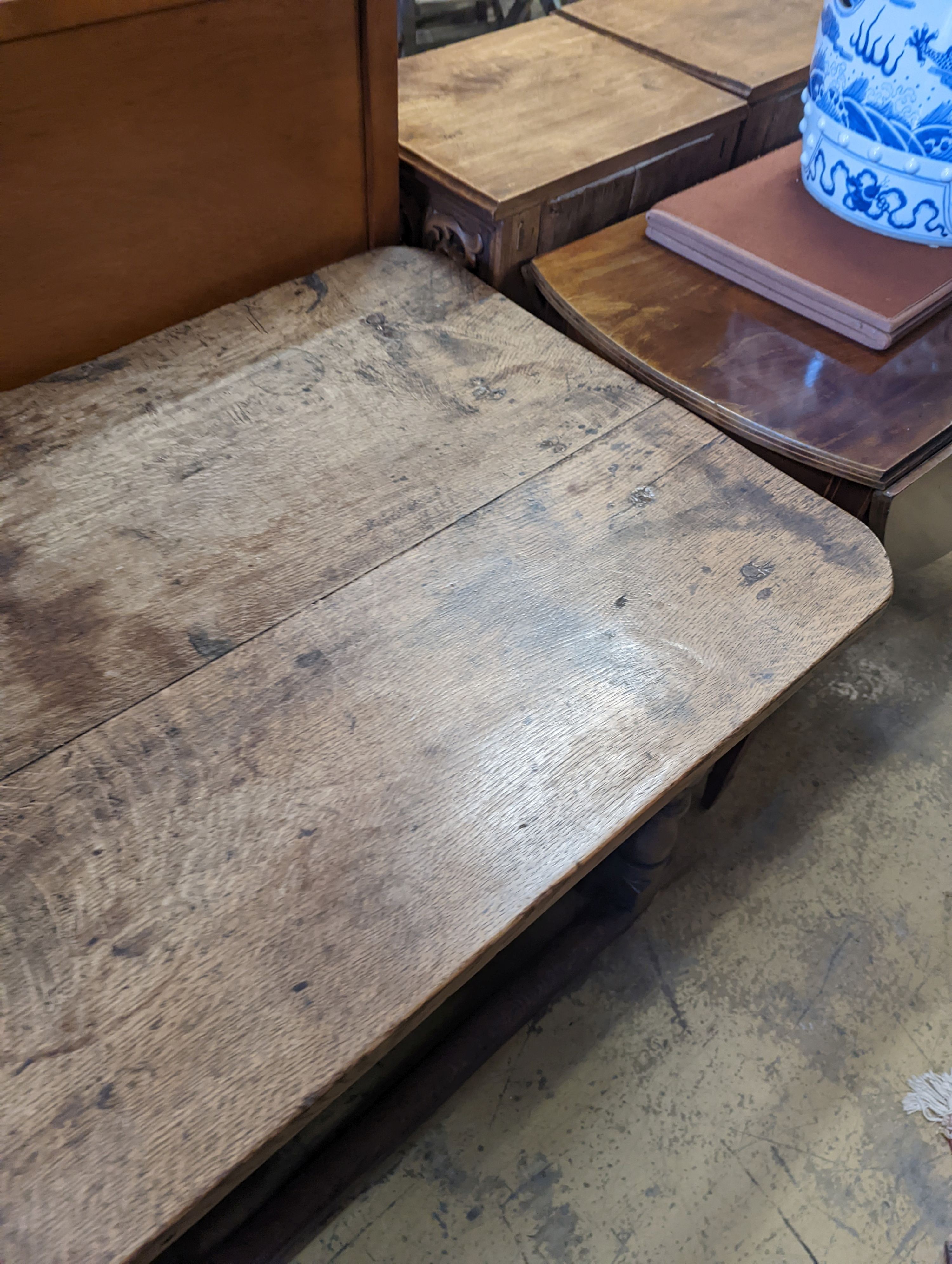 An 18th century and later rectangular oak table, length 121cm, depth 72cm, height 71cm